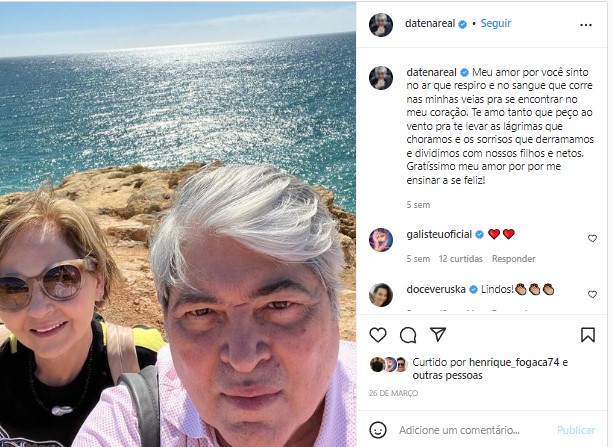 Datena fez uma rara publicação ao lado de sua esposa Matilde nas redes sociais recentemente