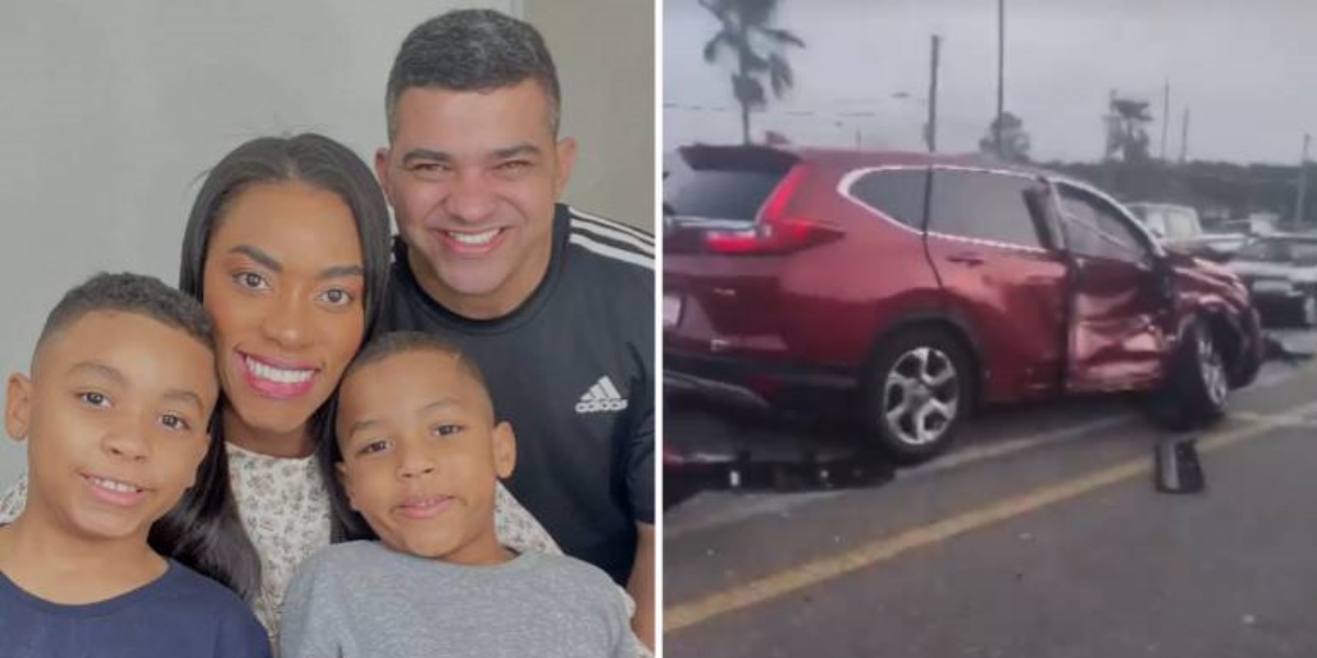 Elaine Martins teve sorte de não est´ar no carro no momento do acidente envolvendo o marido e filhos (Imagem: Montagem)