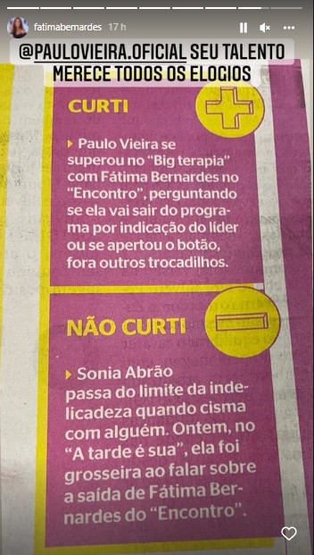 Fátima Bernardes deu alfinetada em Sônia Abrão através dos stories