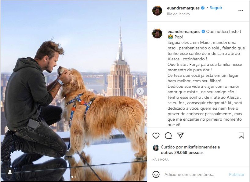 André Marques lamenta morte de Jesse Koz e seu cachorro, Shurastey - Foto: Reprodução