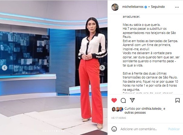 Michelle Barros anunciou sua despedida da Globo através do Instagram