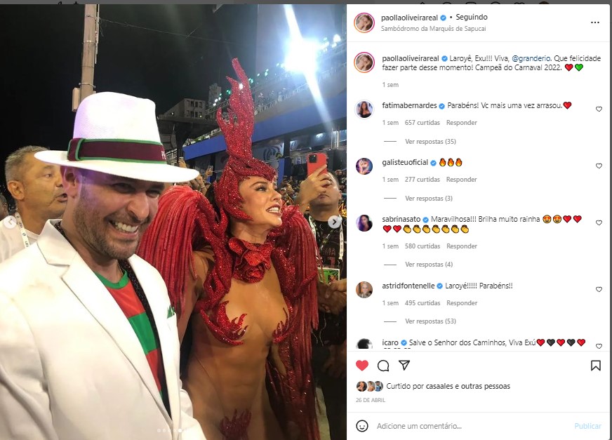 Paolla Oliveira comemorou o título do carnaval nas redes sociais