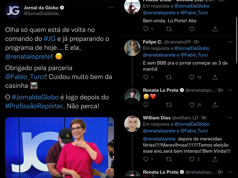 Renata Lo Prete endossou um comentário que falava sobre os atrasos no JG