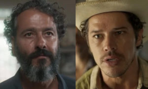 Tadeu (José Loreto) peitará José Leôncio (Marcos Palmeira) para ficar com Guta (Julia Dalavia) em 'Pantanal' (Foto: Reprodução / Globo)