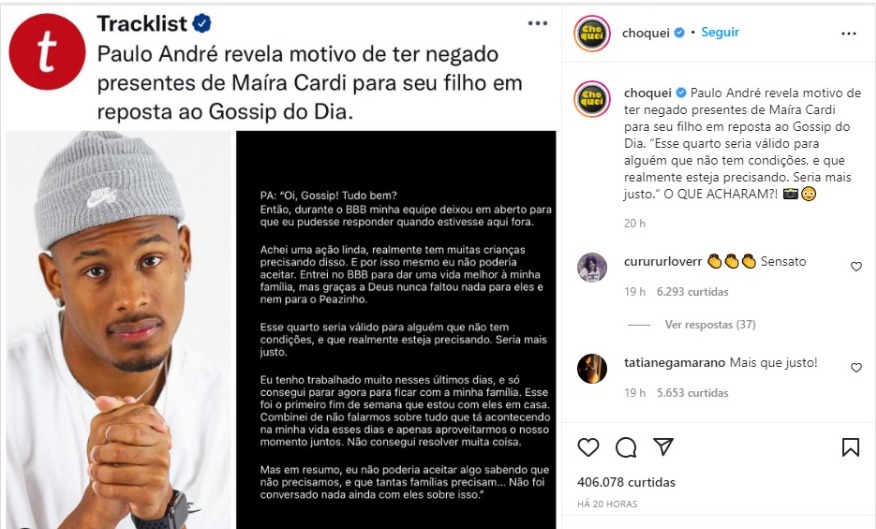 Paulo André explica o motivo da recusa de presente de Maíra Cardi (Foto: Reprodução/Instagram)