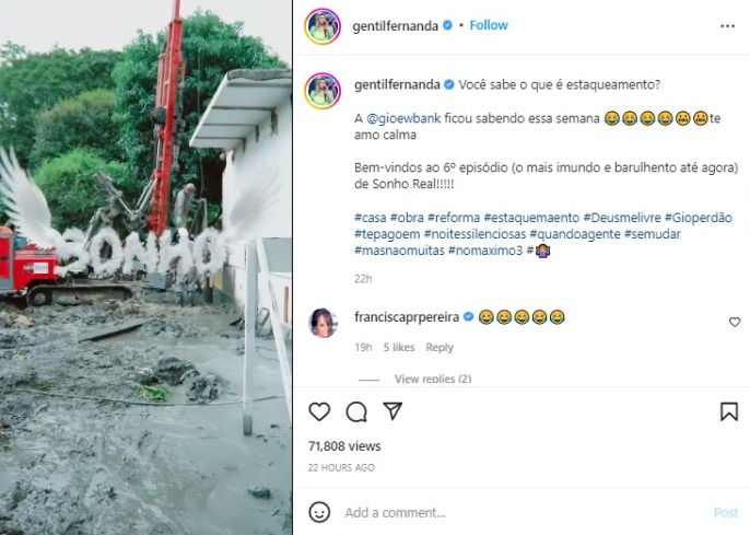 Post de Fernanda Gentil sobre a reforma em sua casa (Foto: Reprodução/Instagram)