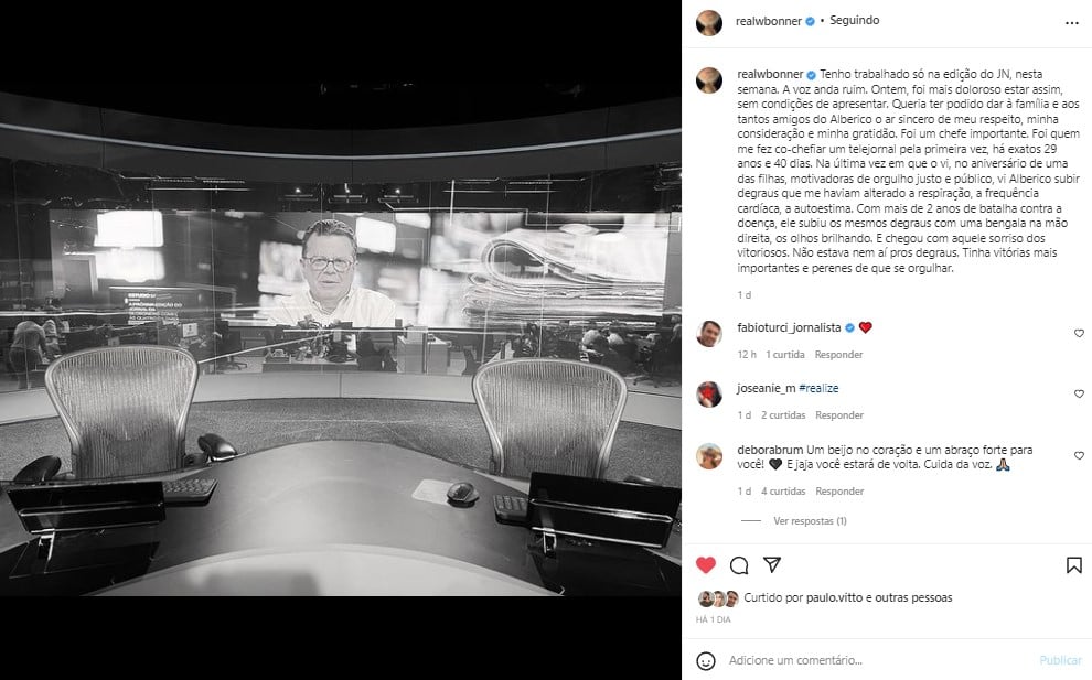 William Bonner desabafou nas redes sociais sobre a morte de um dos seus mentores na Globo