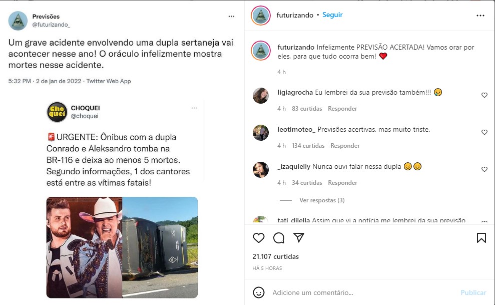 Sensitivo previu grave acidente com a dupla Conrado e Aleksandro - Foto: Reprodução