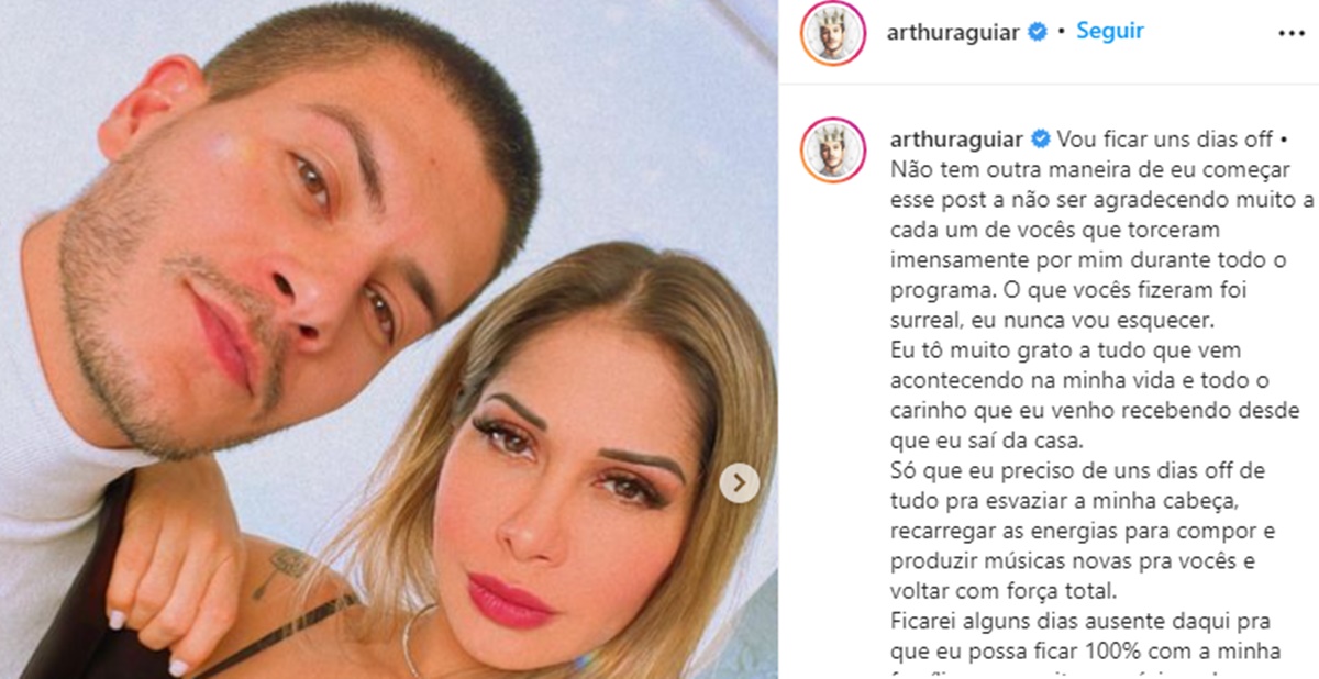 Arthur Aguiar publica foto com a esposa, Maíra Cardi e destaca nota de ausência e agradecimento 