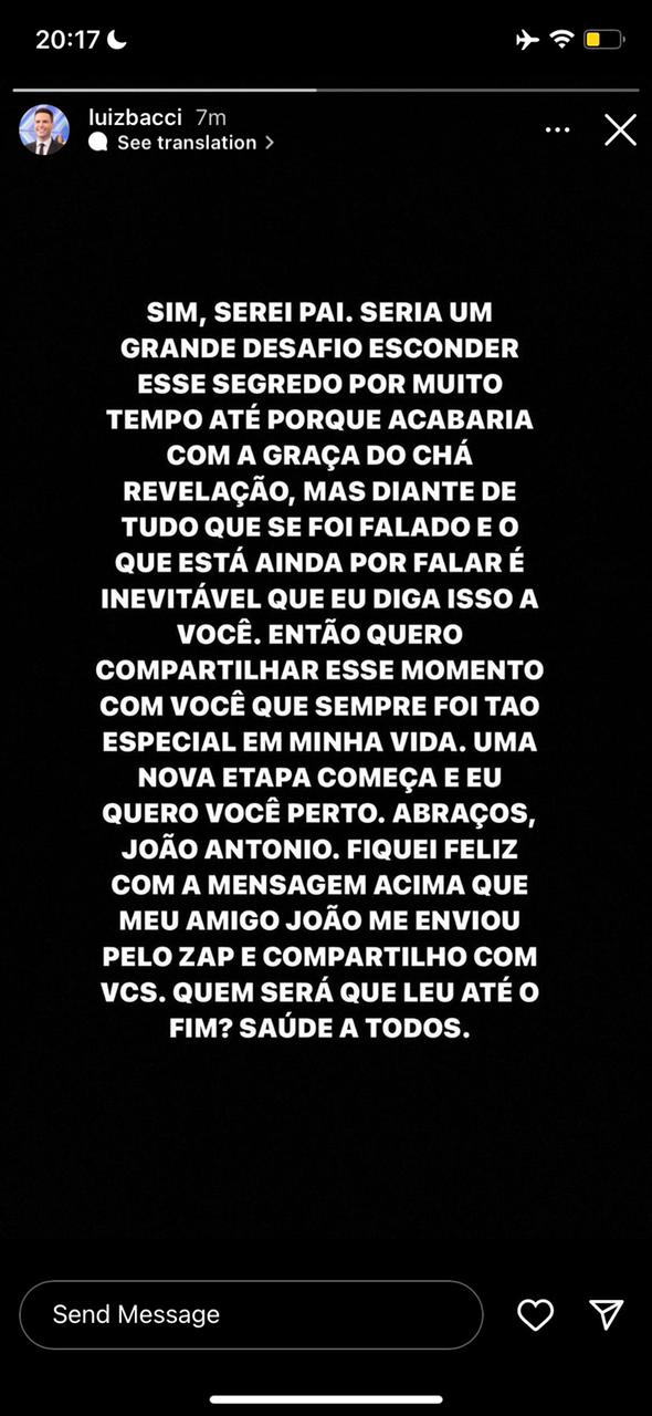 "Seria um desafio esconder", Luiz Bacci faz comunicado sobre paternidade e confirma: "Sim, serei pai"