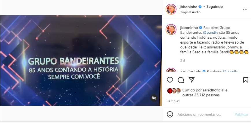 Boninho faz homenagem ao Grupo Bandeirantes (Foto: Reprodução/Instagram)