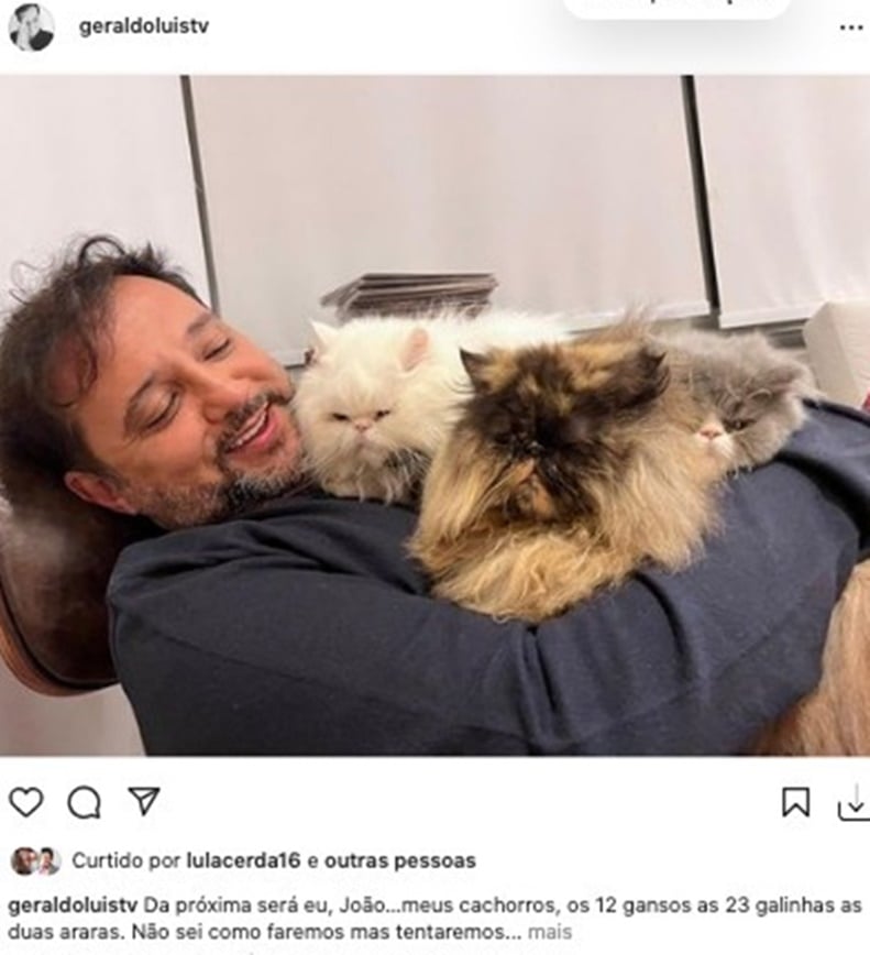 Geraldo Luís publica clique com seus gatos e afirma que a família é muito maior