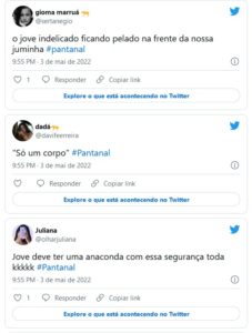 Internautas brincaram e criticaram Jove (Jesuíta Barbosa) pelado na frente de Juma (Alanis Guillen) em 'Pantanal' (Foto: Reprodução / Twitter)