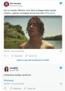 Internautas brincaram e criticaram Jove (Jesuíta Barbosa) pelado na frente de Juma (Alanis Guillen) em 'Pantanal' (Foto: Reprodução / Twitter)