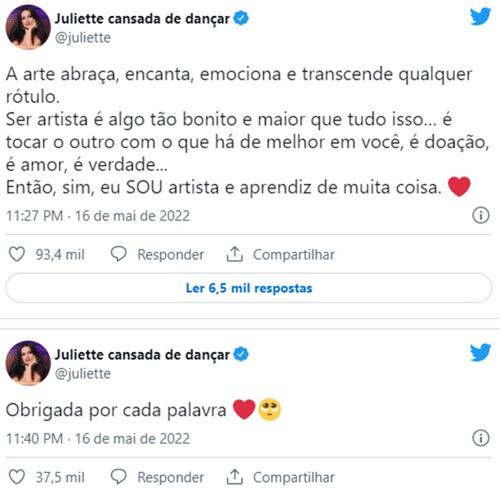 Tweets de Juliette Freire sobre o caso de Samatha Schmütz 