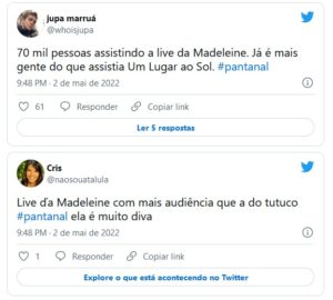 Madeleine (Karine Teles) fez uma live bombástica com Zaquieu (Silvero Pereira) em Pantanal e internautas debocharam de Arthur Aguiar (Foto: Reprodução / Twitter)