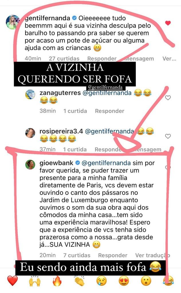 Gio Ewbank e Fernanda Gentil trocaram comentários irônicos nas redes sociais- Foto: Reprodução 