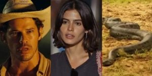 Tadeu (José Loreto) e Guta (Julia Dalavia) serão atacados por sucuri em Pantanal (Foto: Reprodução / Globo)