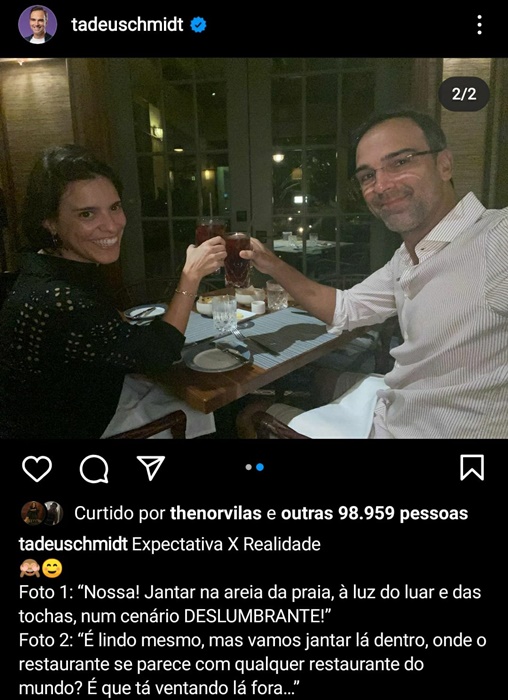 Tadeu Schmidt brinca com decisão dele e de sua esposa em comerem na parte interna de restaurante 