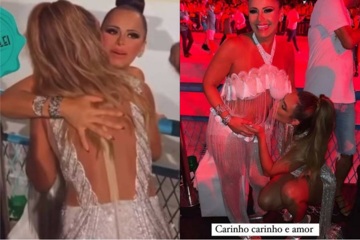 Nicole Bahls abraça Viviane Araújo e beija sua barriga 