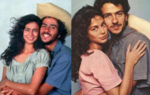 Giovanna Gold e Marcos Palmeira foram Zefa e Tadeu na primeira versão de Pantanal (1990) (Foto: Reprodução / Globo)