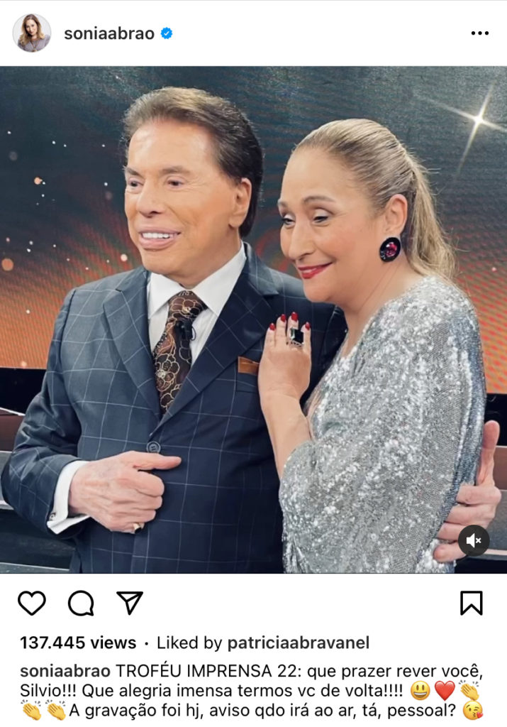 Sonia Abrão expõe ida à programa do SBT e faz anúncio com Silvio Santos: “Alegria ter você de volta”