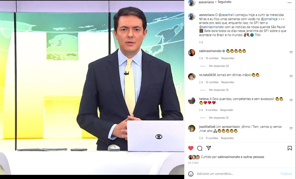 Alan Severiano comunicou a mudança temporária nos telejornais da Globo em seu perfil no Instagram