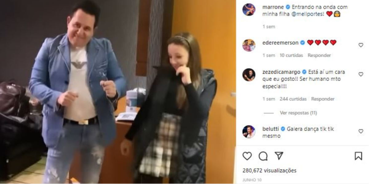 Marrone dançou com a filha, Bell Portes, e ganhou recado de Zezé (Foto: Reprodução/Instagram)