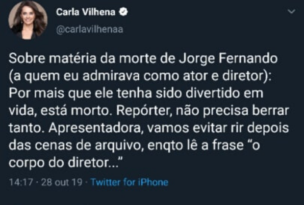 Tweet de Carla Vilhena foi interpretado como racismo contra Maju Coutinho