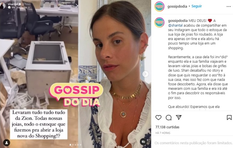 Post do perfil Gossip do Dia sobre o assalto na loja de Shantal Verdelho (Foto: Reprodução/Instagram)