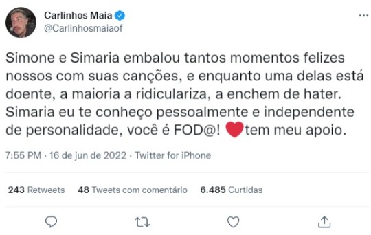 Post de Carlinhos Maia defendendo Simaria (Foto: Reprodução/Twitter)