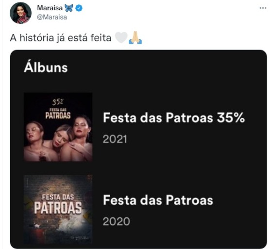 Publicação de Maraisa nas redes sociais revelando o novo nome do álbum As Patroas, em parceira com sua dupla, Maiara e a falecida Marília Mendonça (Foto: Reprodução/Twitter)