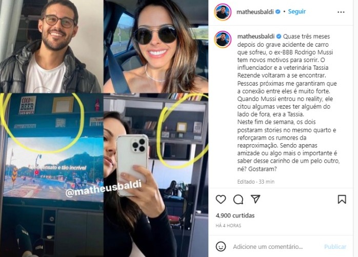 Rodrigo Mussi e Tássia foram flagrados no mesmo local (Foto: Reprodução/Instagram)