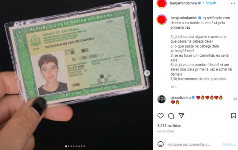 Novo documento de Benjamín Damini (Foto: Reprodução/Instagram)