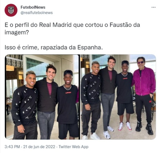 Real Madrid corta Faustão de foto com jogadores e gera revolta nas redes sociais (Foto: Reprodução/Twitter)