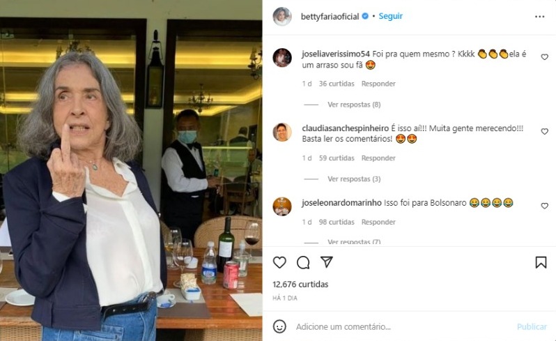 Betty Faria publica foto com gesto obsceno nas redes sociais (Foto: Reprodução/Instagram)