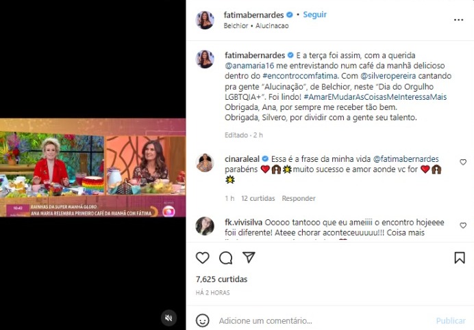 Post de Fátima Bernardes após o Encontro desta terça-feira (28) (Foto: Reprodução/Instagram)