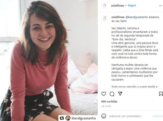 Post da Zola Filmes em homenagem à Klara Castanho (Foto: Reprodução/Instagram)