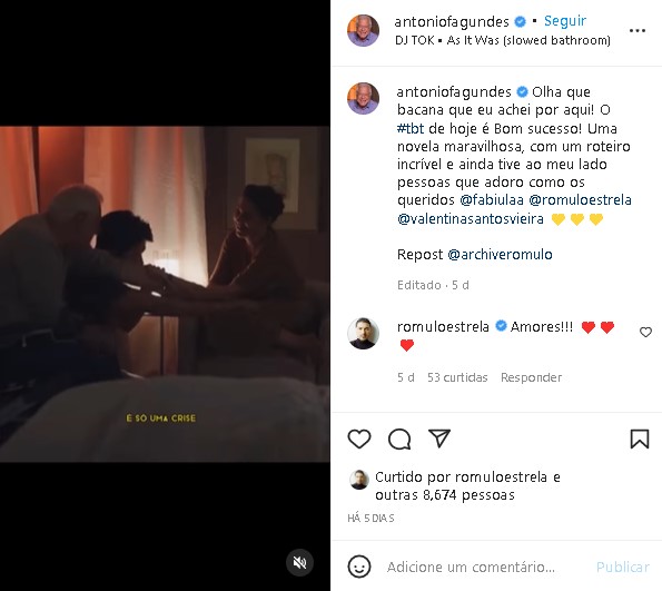 Antônio Fagundes surgiu se declarando para galã da Globo (Foto: Reprodução/ Instagram)