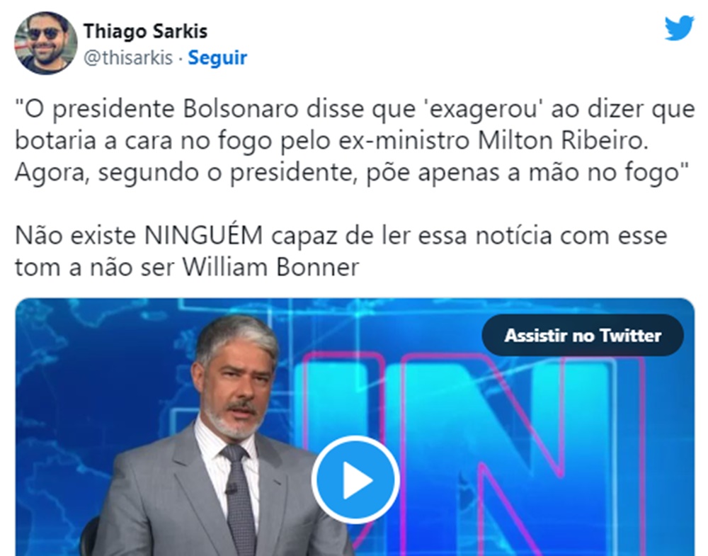 Os internautas circularam o vídeo de 15 segundos de Bonner nas redes sociais