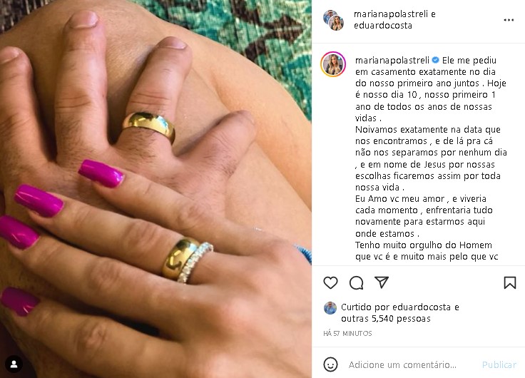 Eduardo Costa ganhou uma declaração da esposa, Mariana Polastreli (Foto: Reprodução/ Instagram)