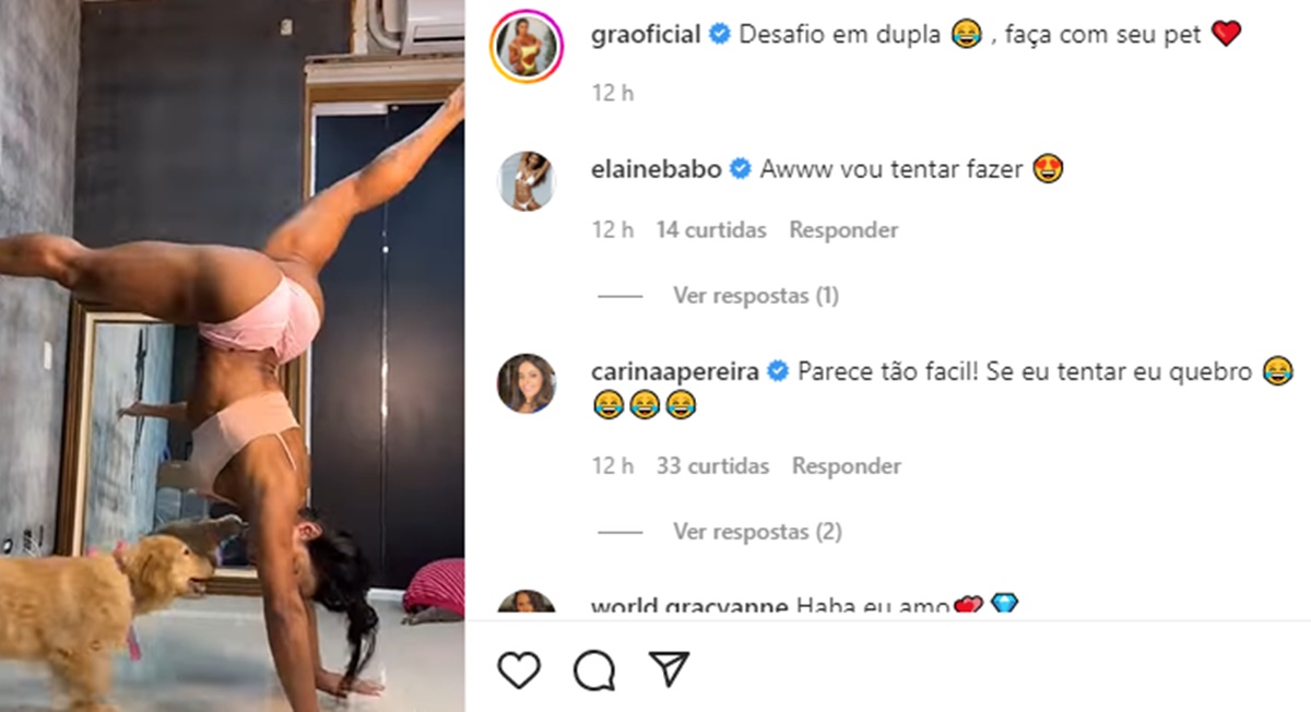 Gracyanne Barbosa faz alongamento e cachorro não gosta do movimento 