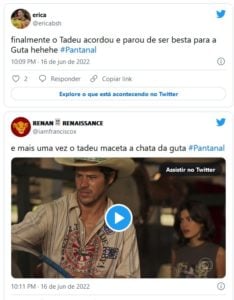 Tadeu (José Loreto) se irritou e expulsou Guta (Julia Dalavia) de sua vida em Pantanal (Foto: Reprodução / Twitter)