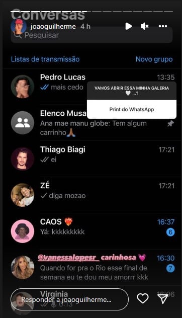 João Guilherme expõe print do Whatsapp - Foto: Reprodução