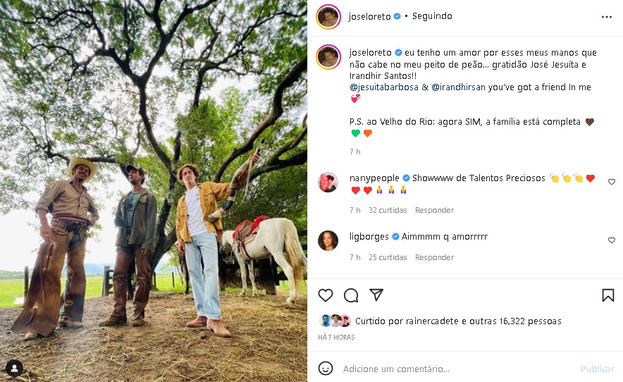 José Loreto surgiu em clima íntimo com os atores de Pantanal (Foto: Reprodução/ Instagram)
