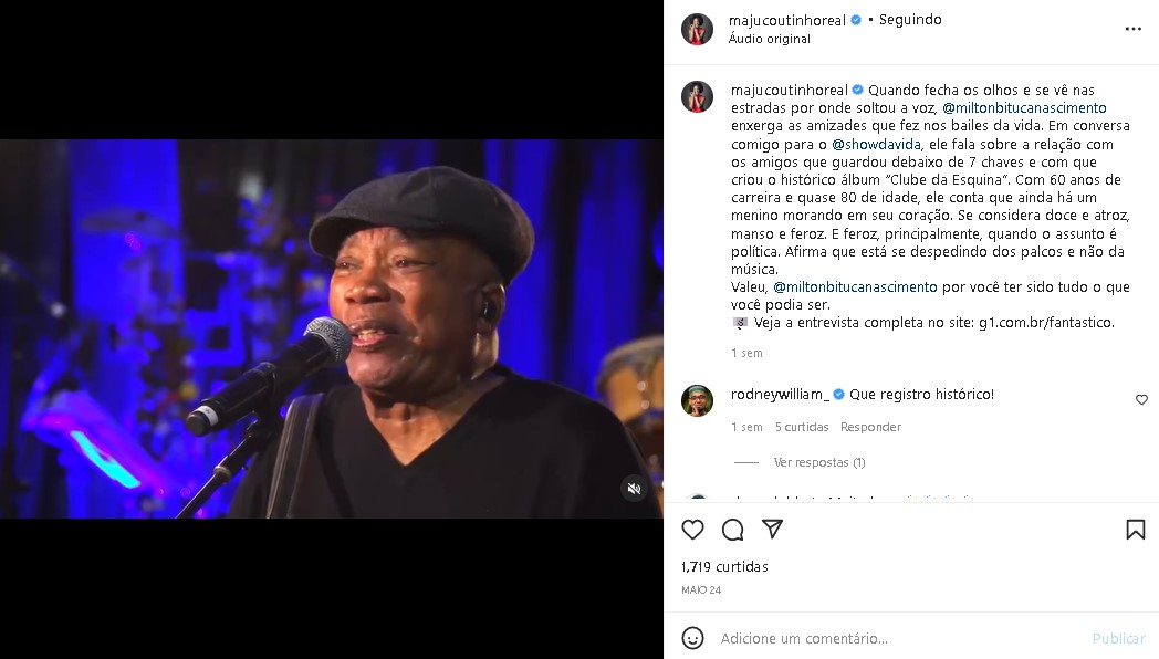 Maju Coutinho decidiu falar um textão de despedida para Milton Nascimento (Foto: Reprodução/ Instagram)