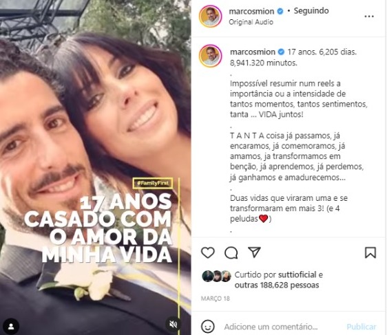 Marcos Mion celebra 17 anos de casado com Suzana Gullo (Foto: Reprodução/Instagram)