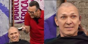 Neto raspando o cabelo de Velloso (Montagem: TV Foco)