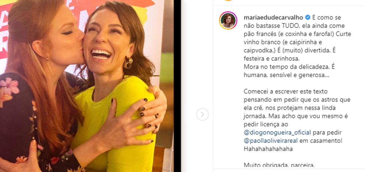 Paolla Oliveira recebe beijo na bochecha de Maria Eduarda e ganha declaração de amor e pedido de casamento 