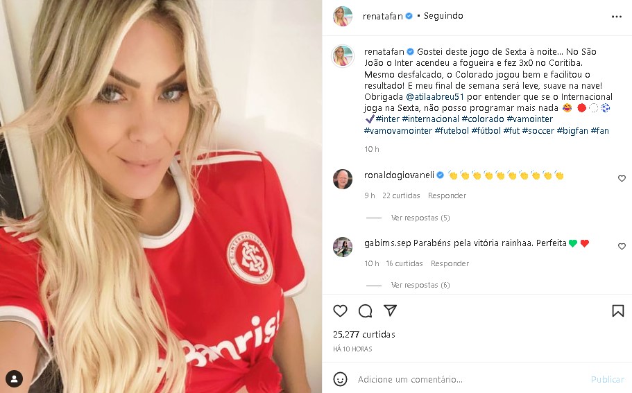 Renata Fan surgiu feliz com vitória do Internacional (Foto: Reprodução/ Instagram)